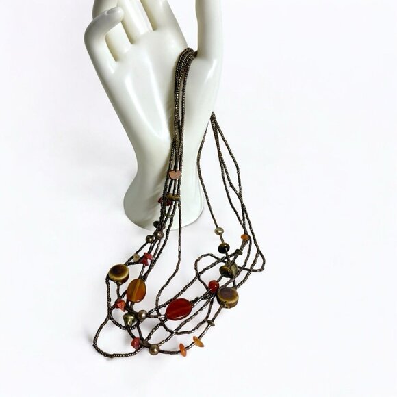Coldwater Creek Carnelian Agate Tiger’s Eye Multi Strand Necklace Boho Bronze - Picture 3 of 9
